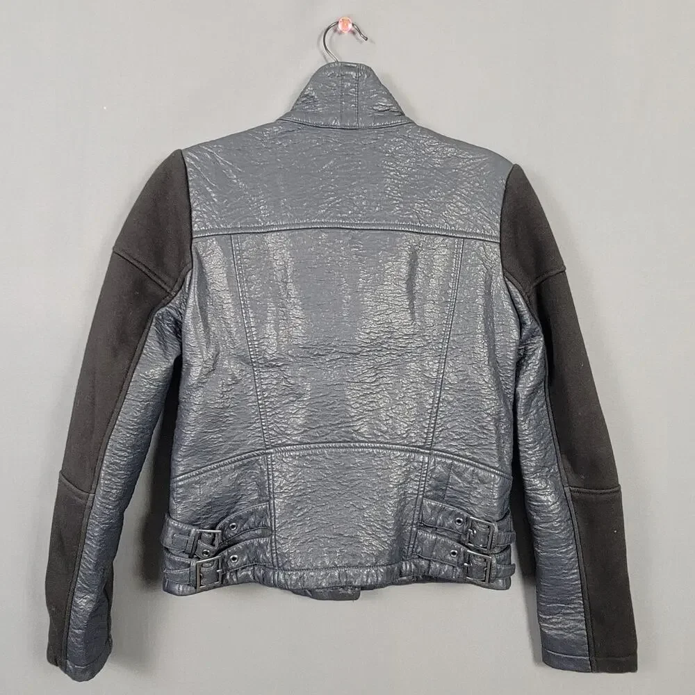 Bernardo Faux Leather Moto Biker Jacket Gray Asym Zip Buckle Hardware - Picture 2 of 10